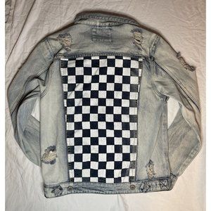 MENS VICTORIOUS Distressed DENIM Bleach WASH Jean Jacket Checkered Pattern